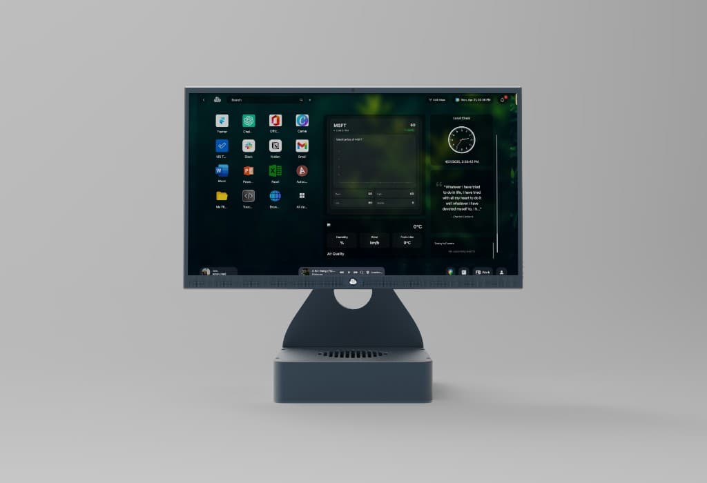 TDesk all-in-one with Touch OS on screen — dark finish, glass widgets and app grid