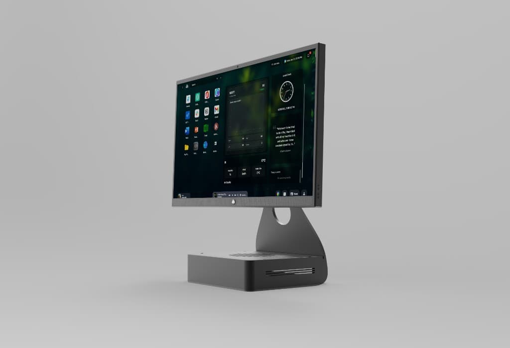 TDesk hardware on a light studio background, display showing Touch OS