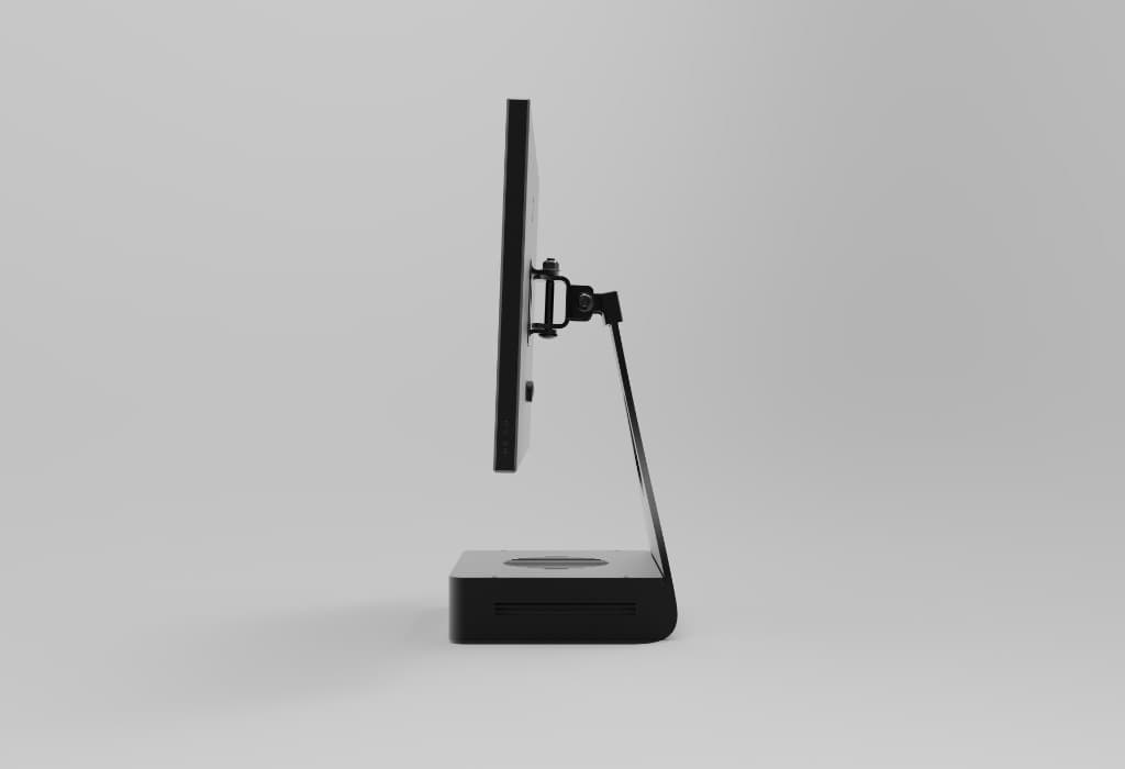 TDesk slim side profile with stand, base unit, and ventilation detail
