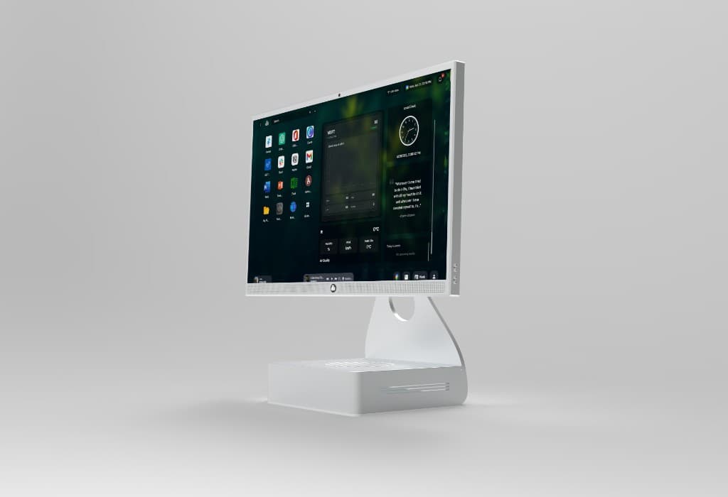 TDesk in white with Touch OS desktop — minimal stand and integrated base