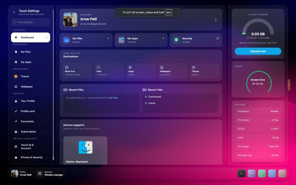 Touch OS glass desktop with dock, windows, and app surfaces