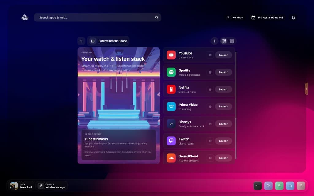 Touch OS productivity and spaces